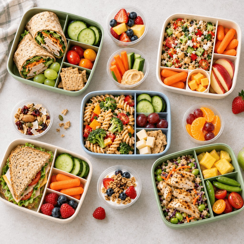 Assorted camp lunchboxes and snack cups with wraps, sandwiches, pasta salad, fruit, vegetables, cheese, and yogurt.